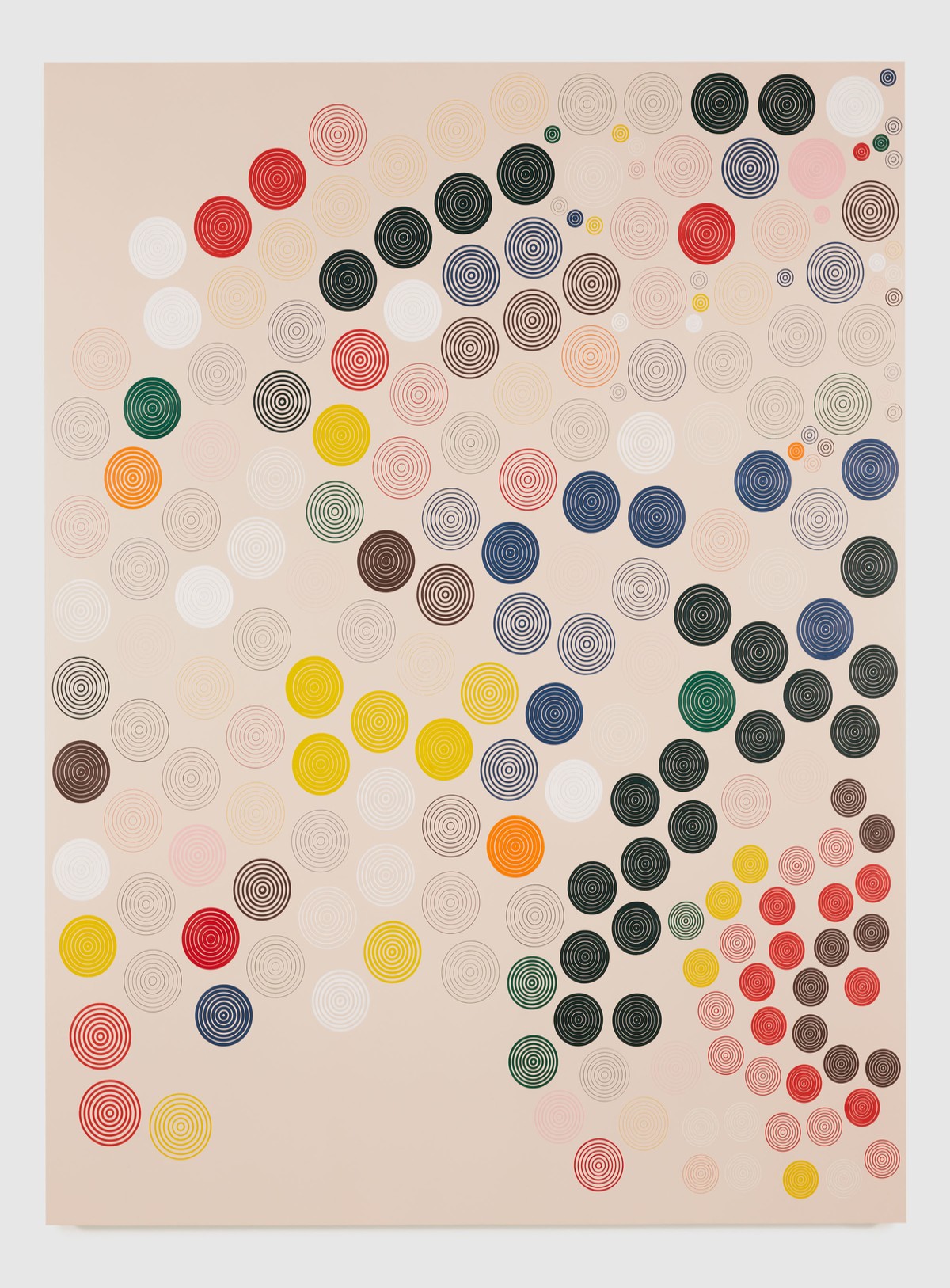 A vertical composition with an arrangement of colored dots on a pale pink background
