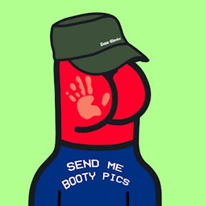 A simple digital portrait of a figure with red buttocks instead of a head, wearing a blue shirt that says "Send Me Booty Pics"