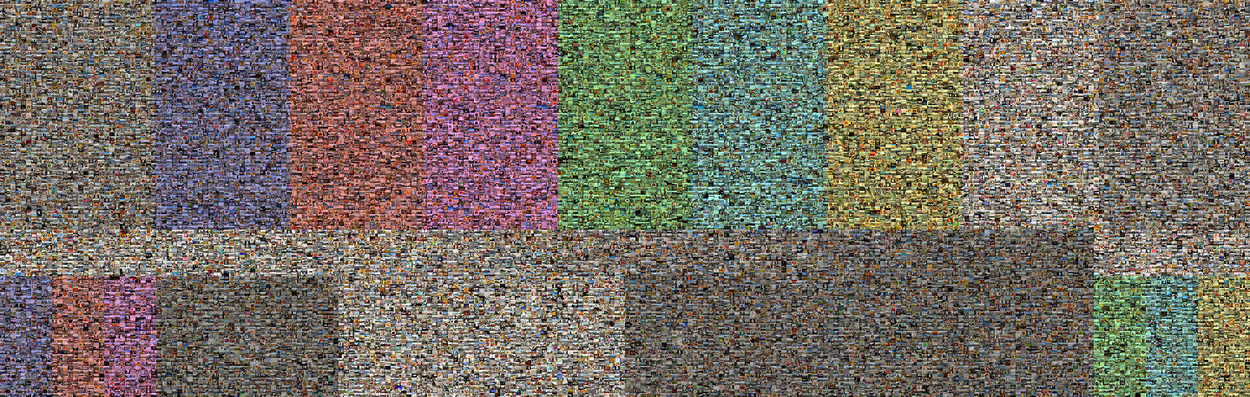 A grid of images, too small to identify individually, tinted to resemble a TV test pattern