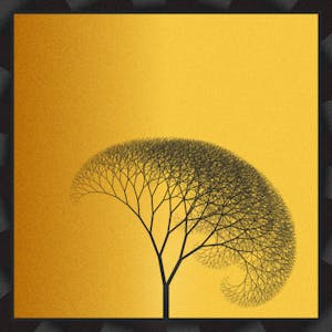 An elegant digital drawing of a slender tree silhouetted against a golden yellow background