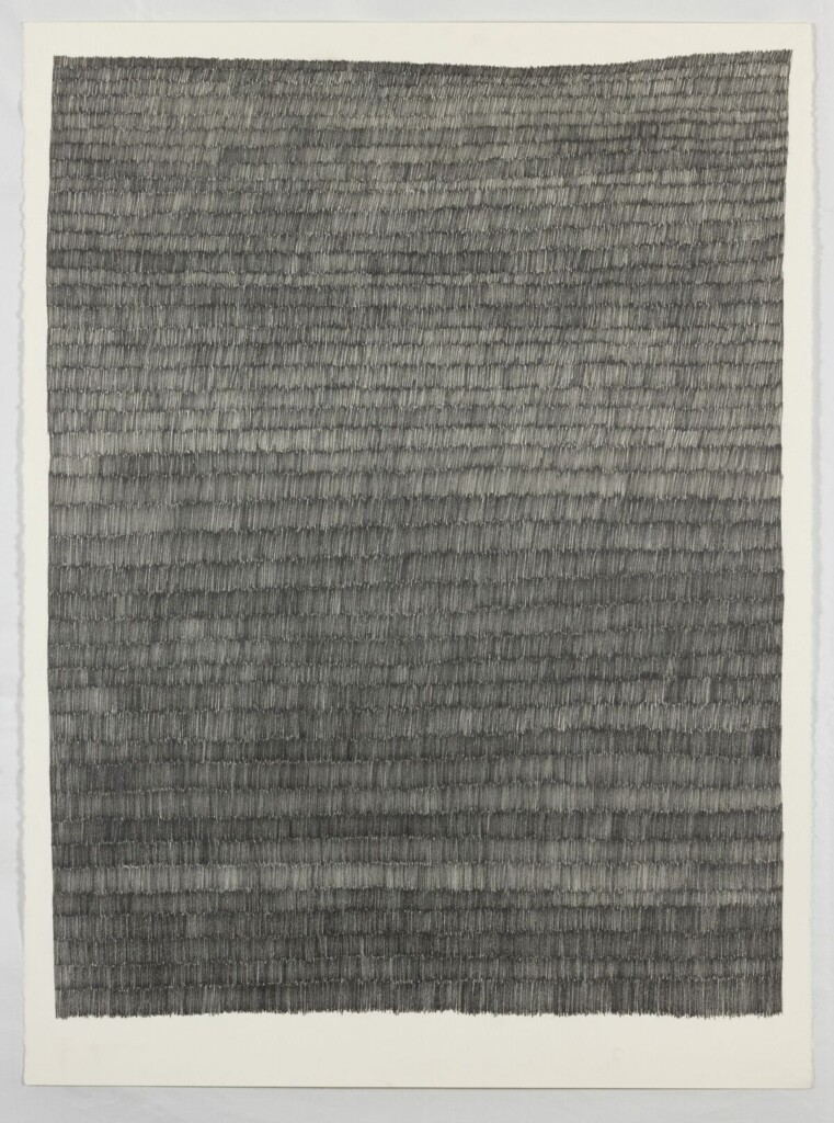 A photo of a piece of vertical-orientation paper covered in rows of graphite