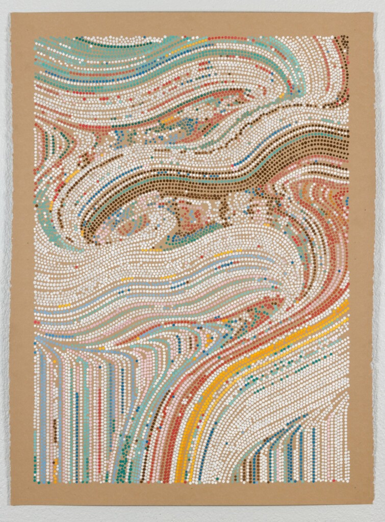 A vertical composition on brown ground featuring hundreds of colored dots arranged in abstract swirls