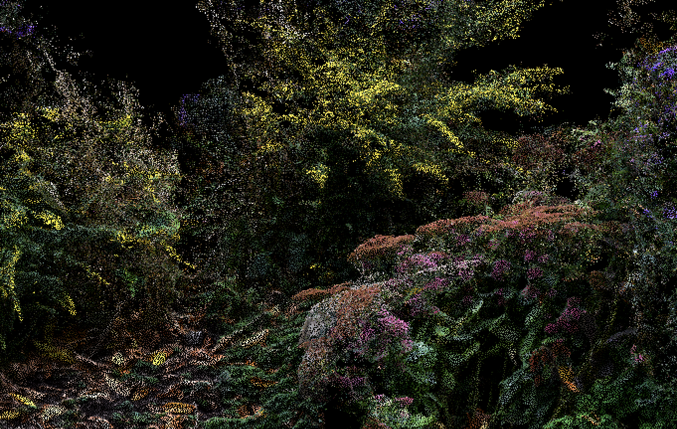 A digital image of a lush garden rendered as distinct points of color against a black background