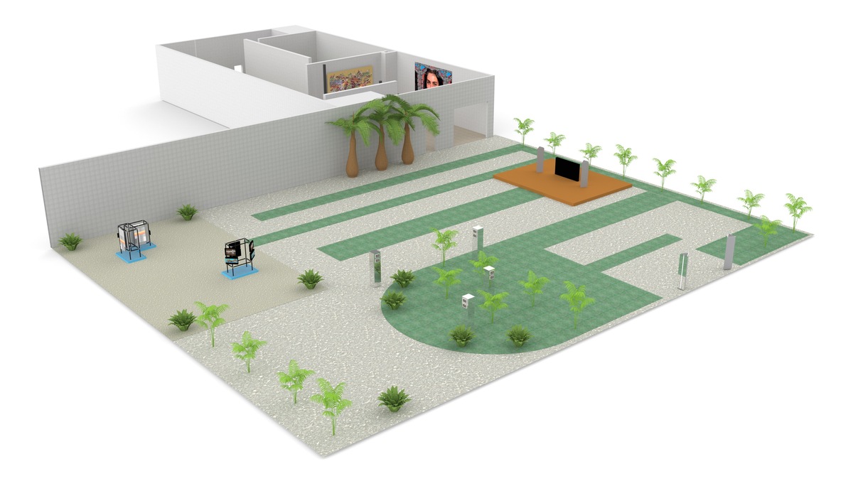 A computer rendering of an exhibition spanning indoors and an outdoor area with tropical trees