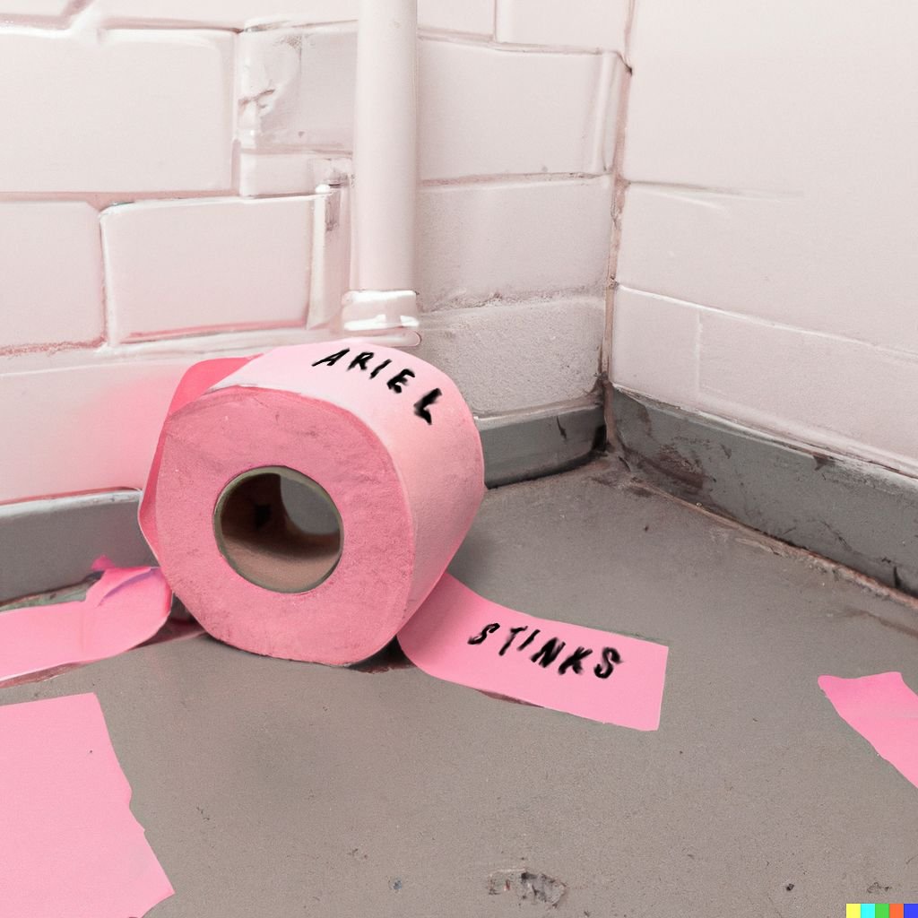 An AI generated image of a pink roll of toilet paper with "Ariel Stinks" written on it in black, on the floor of a bathroom