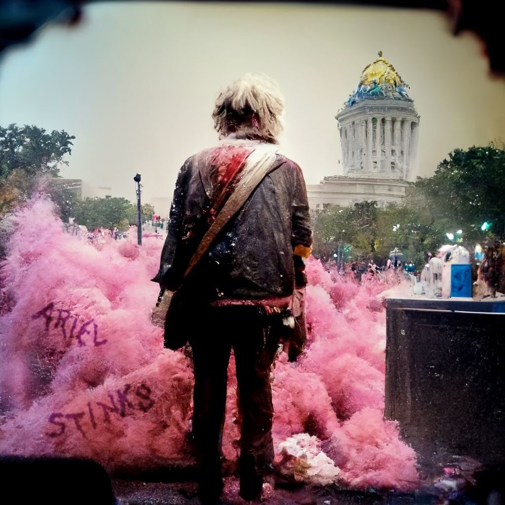 An AI generated image of a disheveled, dumpy man seen from behind, looking at a government building at the end of a tree-lined street, which is filled with pink smoke