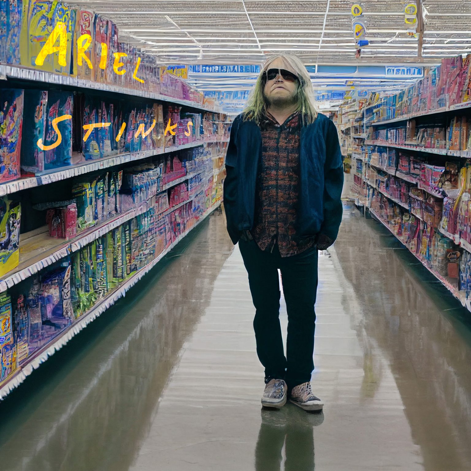An AI generated image of a disheveled, dumpy man standing alone in the aisle of a big store, the shelves around hi8m lined with brightly colored, indistinguishable products