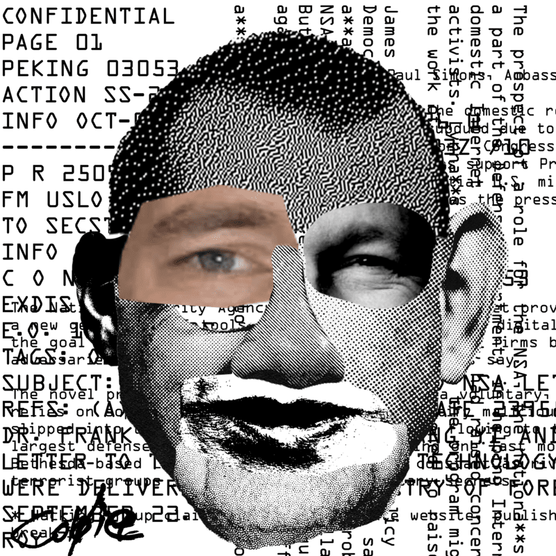 A digital collage shoing a face, parts of which are rendered primarily through black-and-white rastered images, except for the right eye, which is clipped from a photograph. The background has snippets from confidential documents