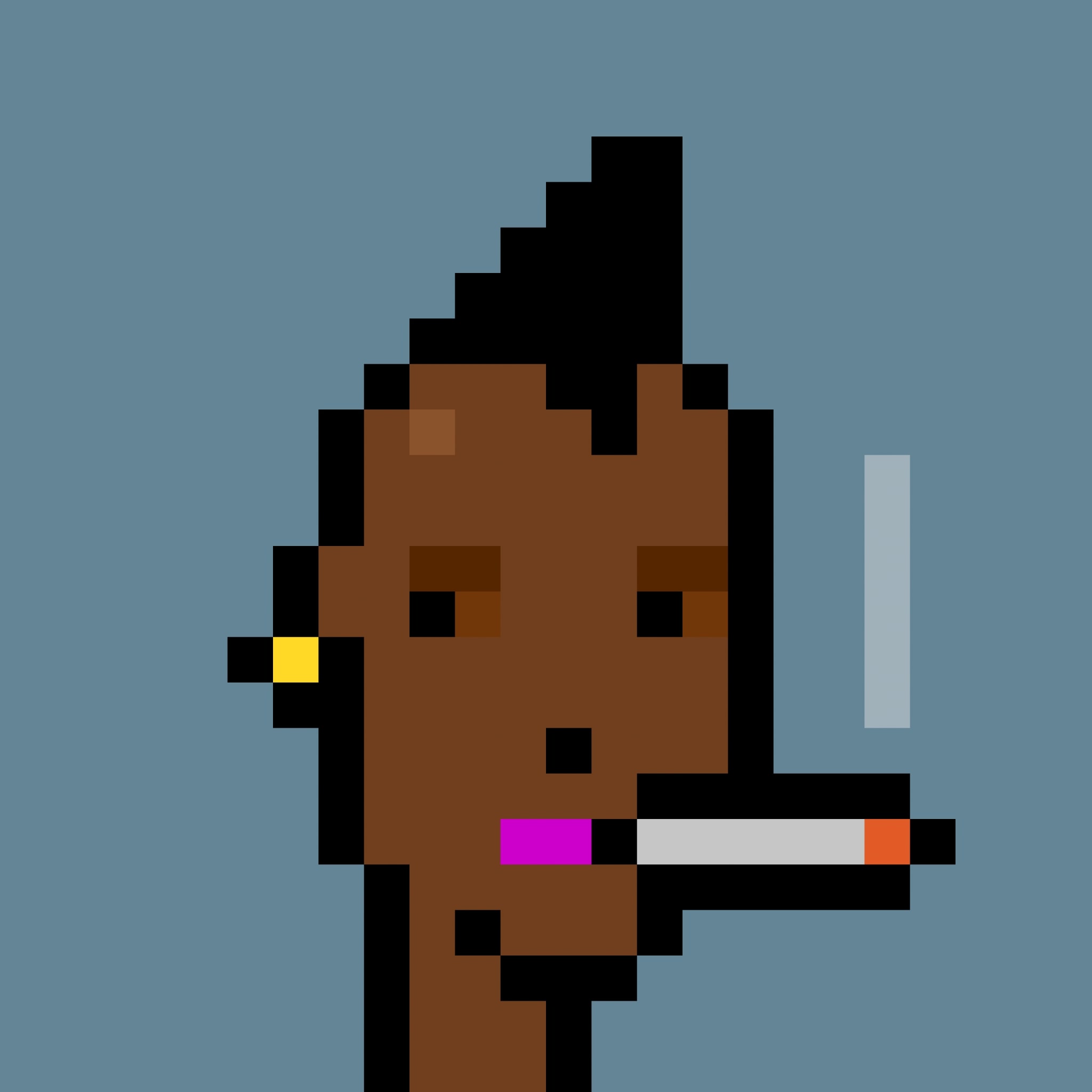 A pixelated drawing of a dark skinned person with a black mohawk smoking a cigarette.