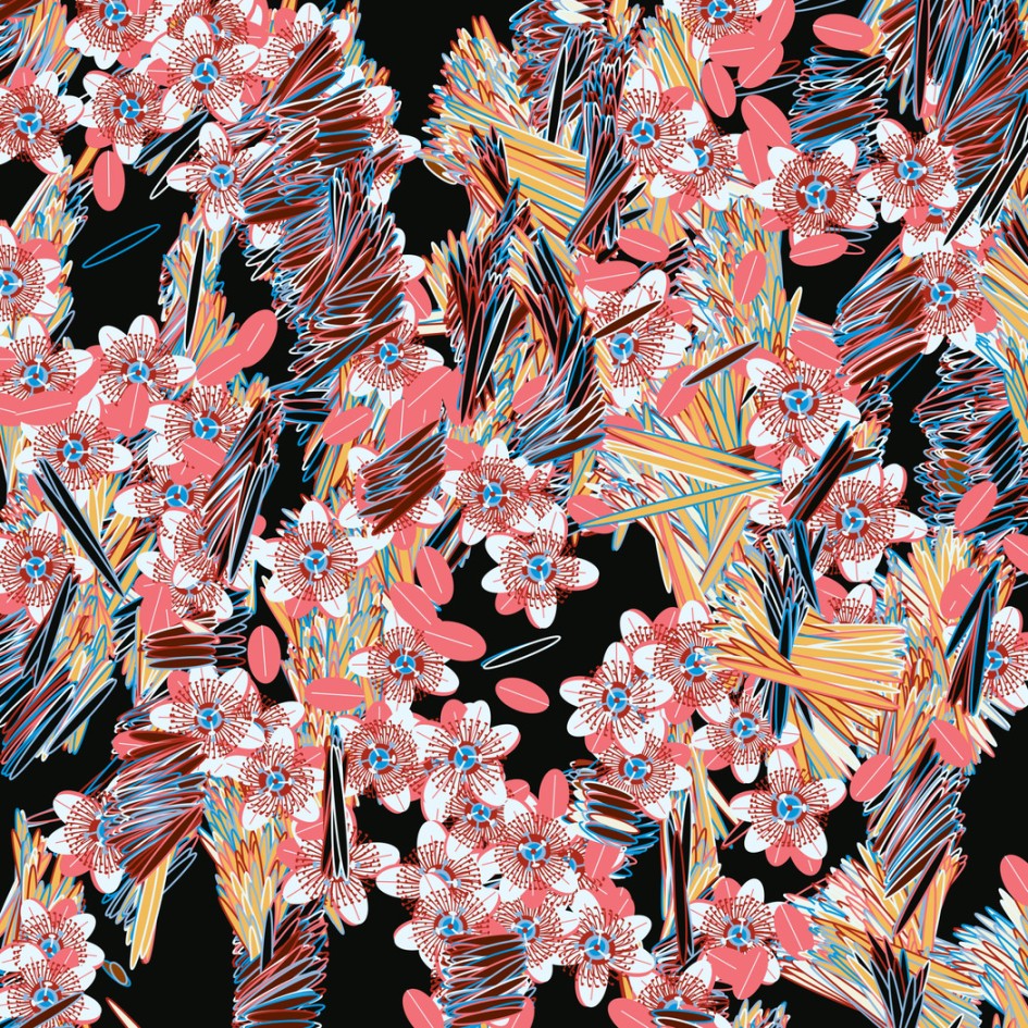 A square with a digital image showing a tangle of flowers