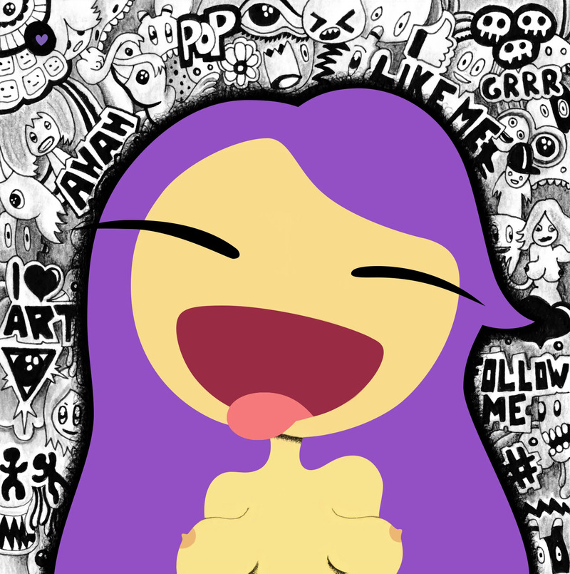 A digital image featuring a topless female figure with an emoji-like face and purple hair in front of a busy background of black-and-white graffiti
