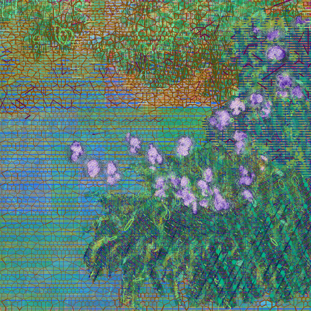 A digital image depicting purple flowers in a green and blue field, overlaid with lacy, weblike patterns in fine blue and red lines