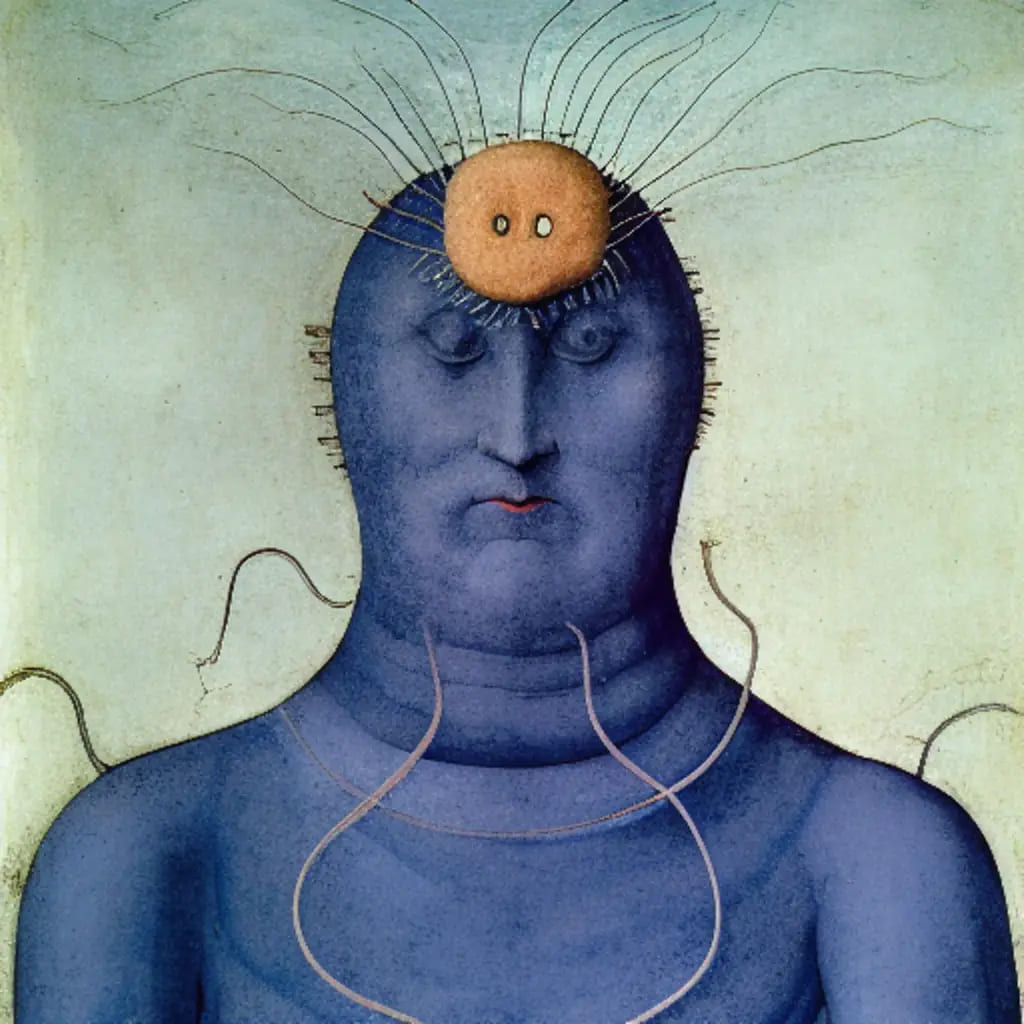 A medieval-style image of a blue-skinned bald person with a sandy rock sprouting from their forehead