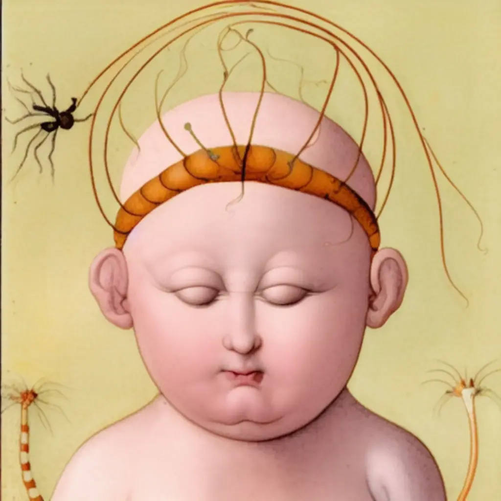 A digital image of a baby-faced figure with closed eyes, with an orange wreath around their bald head, and weird sprouting shapes surrounding it