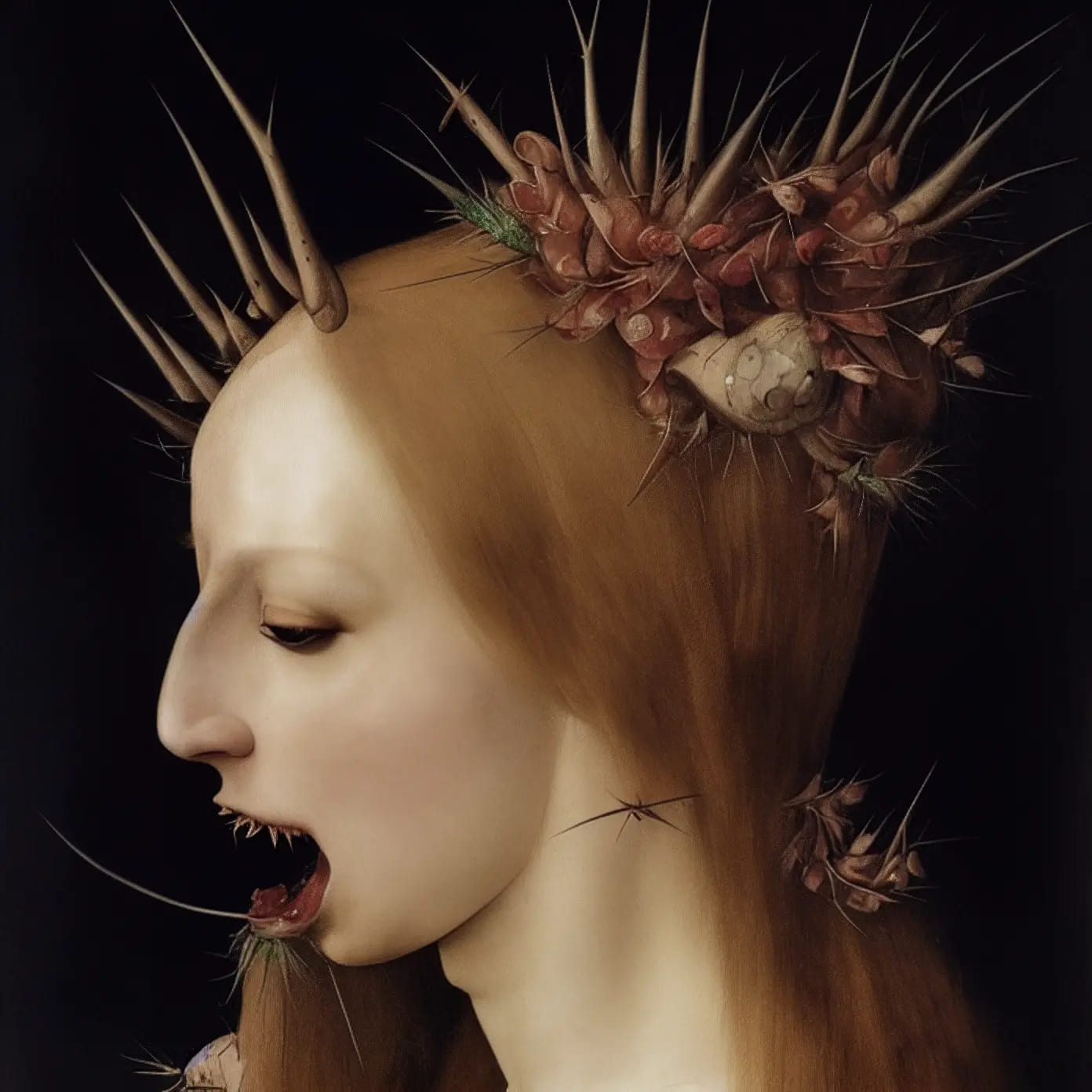 A disturbing image of an auburn-haired woman with spikes sprouting from her head and thorn-shaped teeth, her mouth gaping wide
