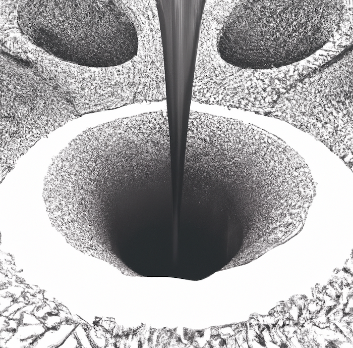 A black-and-white image showing a dark liquid being poured into a deep crater