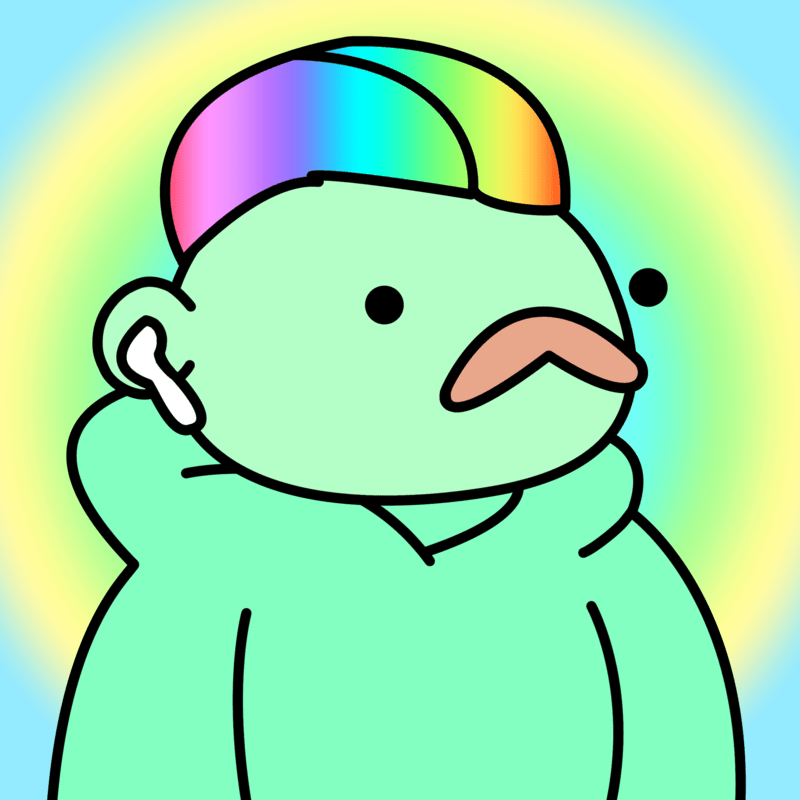 A digital cartoon portrait of a green figure with a rainbow-colored mohawk and a brown moustache