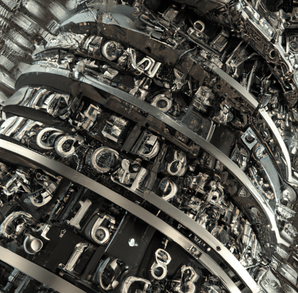 A digital image of letters and numbers, reversed and metallic, as if used for typesetting or printing. The forms are misshapen, suggesting that this image is created by an AI.