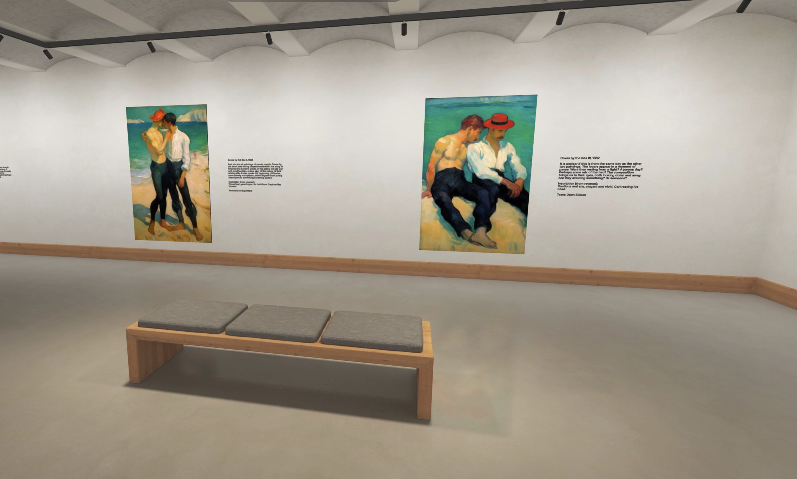 Photo of a white-walled gallery with a gray-cushioned bench in foreground and two paintings and captions in background