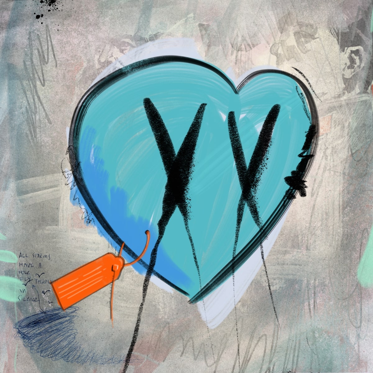 A digital image of a graffiti-style blue heart with crosses for eyes