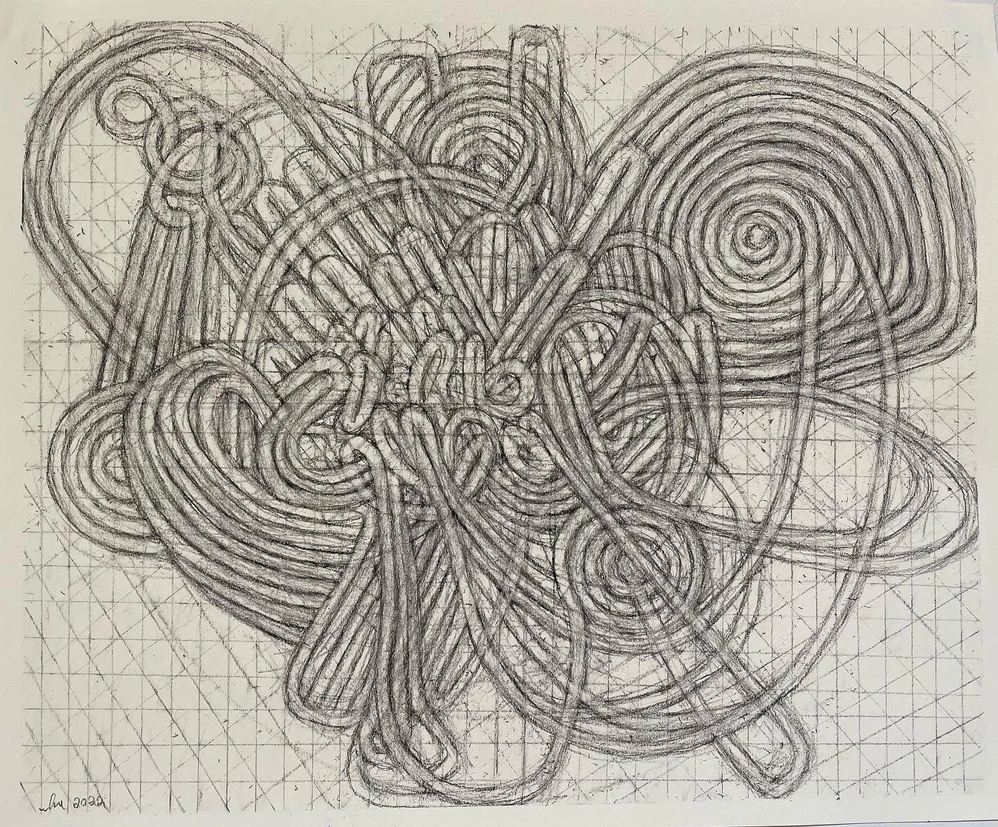A graphite drawing of strings twisting in complex, overlapping configurations