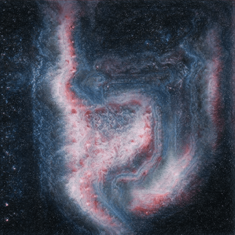 A digital image evoking the distant stars, dominated by a swirling clouid of pink and pale blue