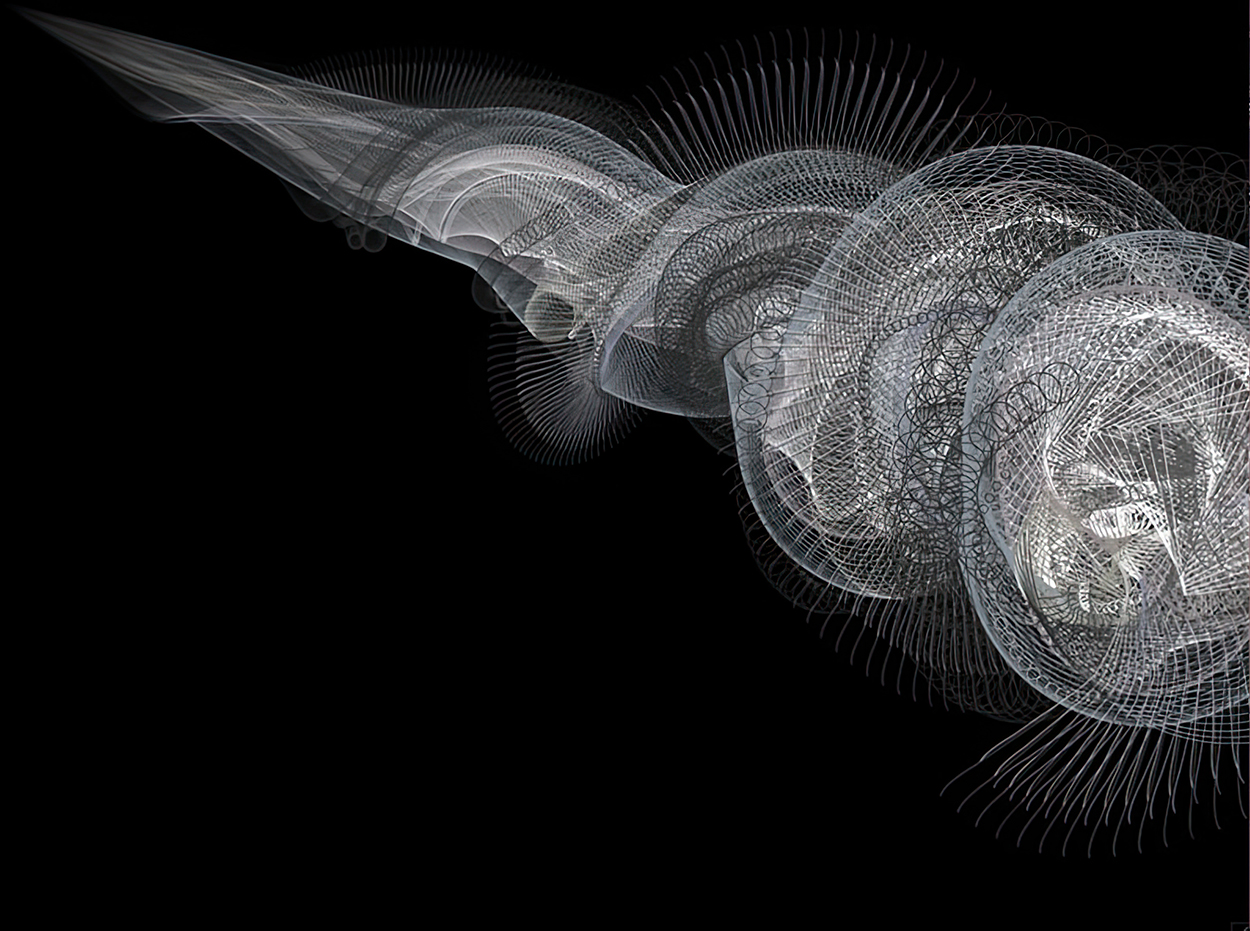 A digital image of a spiraling, quasi-organic form angled across a black field