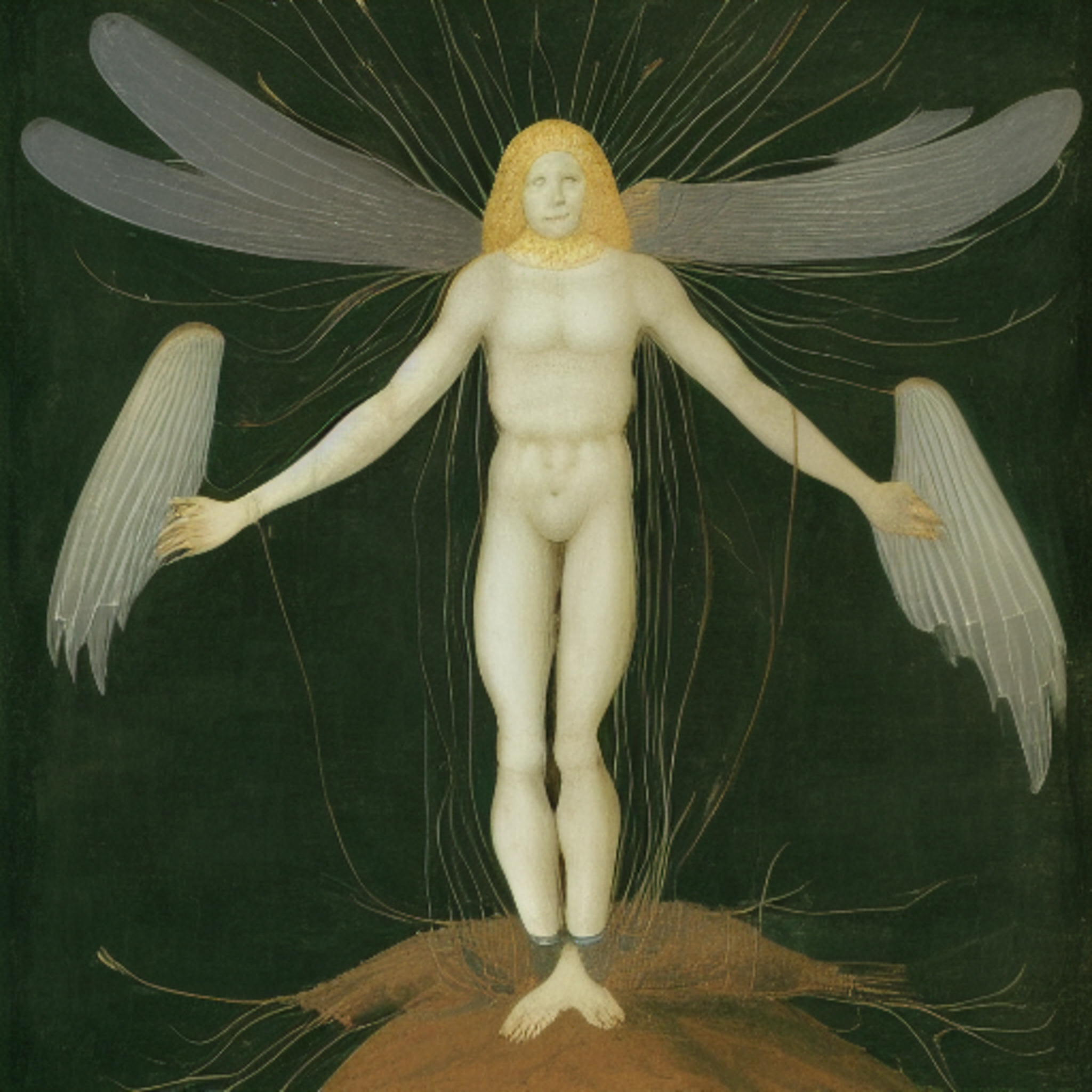 A square image with a dark green background and a warped Christ-like figure with wings sprouting from their hands and neck