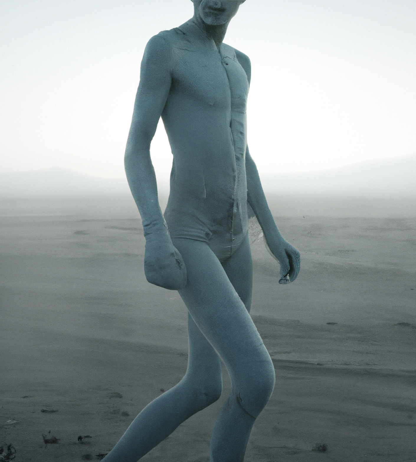 A humanoid figure seen from the chin down, cast in a uniform bluish gray, walks through a colorless desertscape