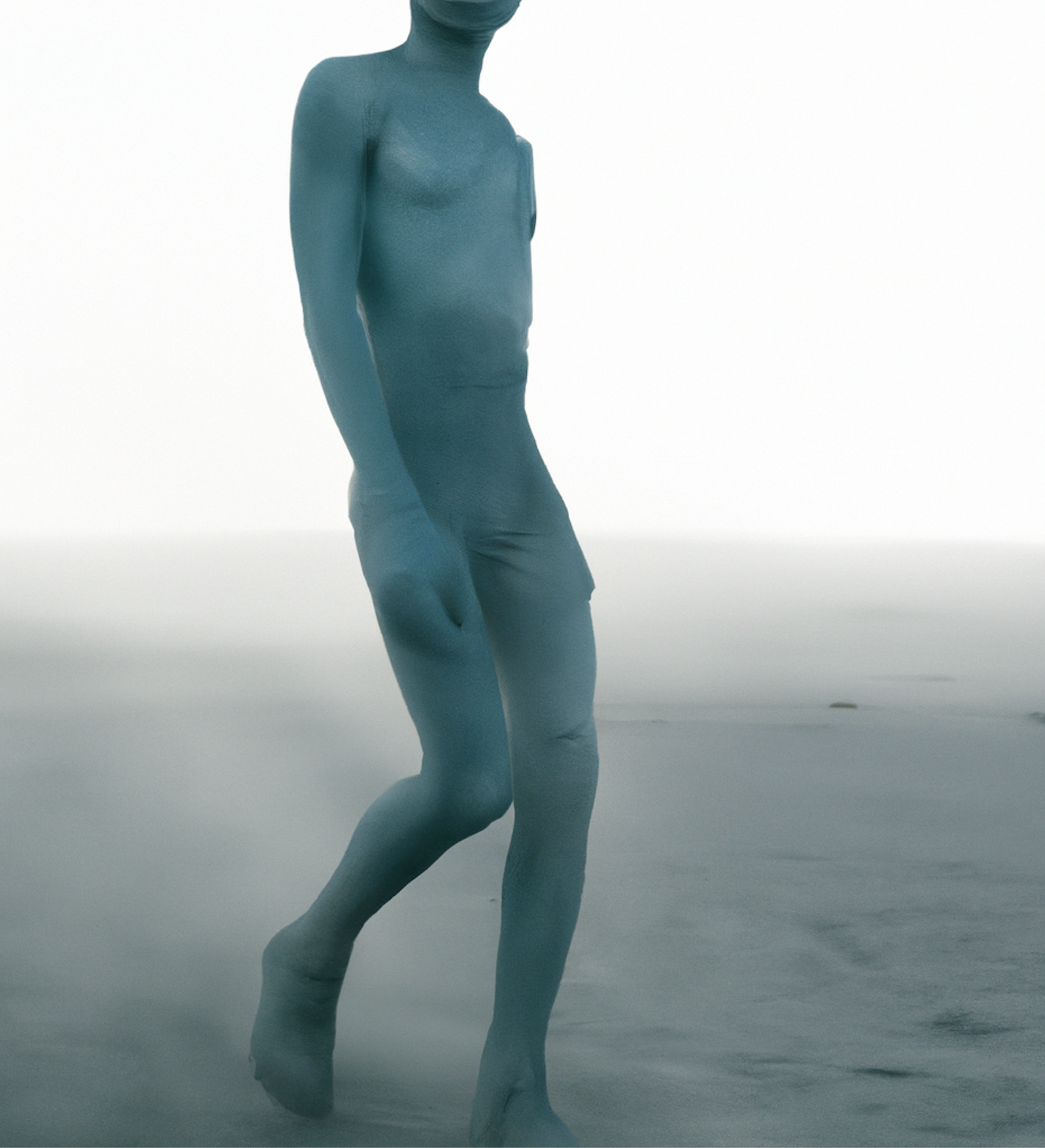 A humanoid figure seen from the chin down, cast in a uniform bluish gray, walks through a colorless desertscape