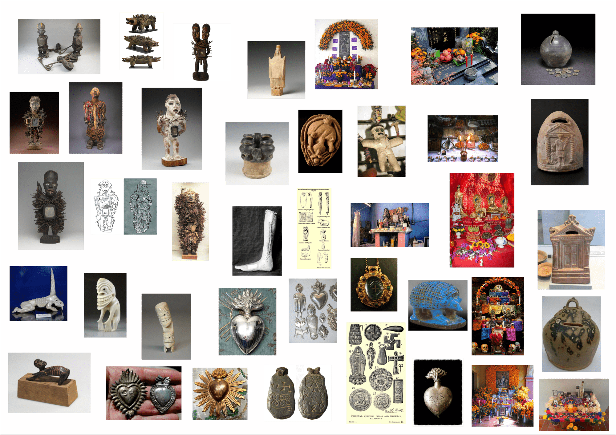 A collage of ceremonial items, including amulets, charms, and vessels, from various cultures and religions