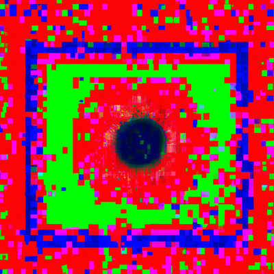 In this digital abstract image, a dark hole looms at the center of concentric squares in bright green, red, pink, and blue, interrupted by pixelated cutouts.