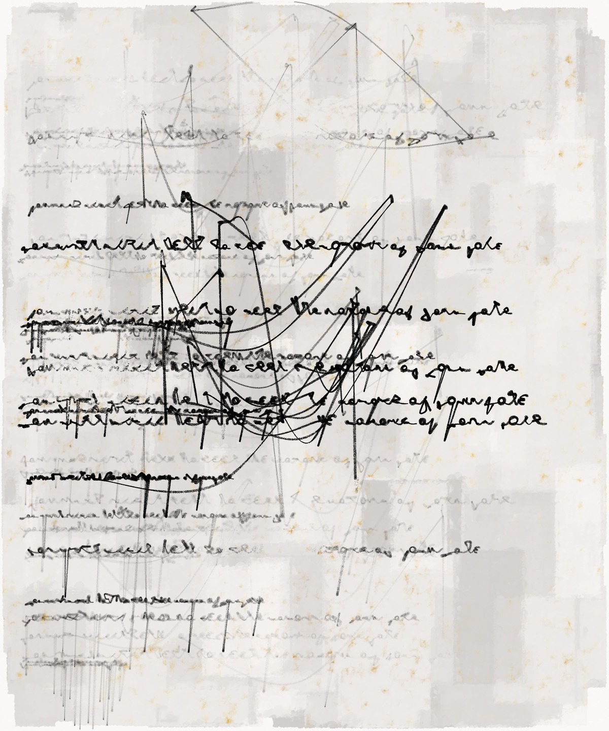 A digital image of a faded piece of paper with pale gray square patches, overlaid with lines of inky black asemic text