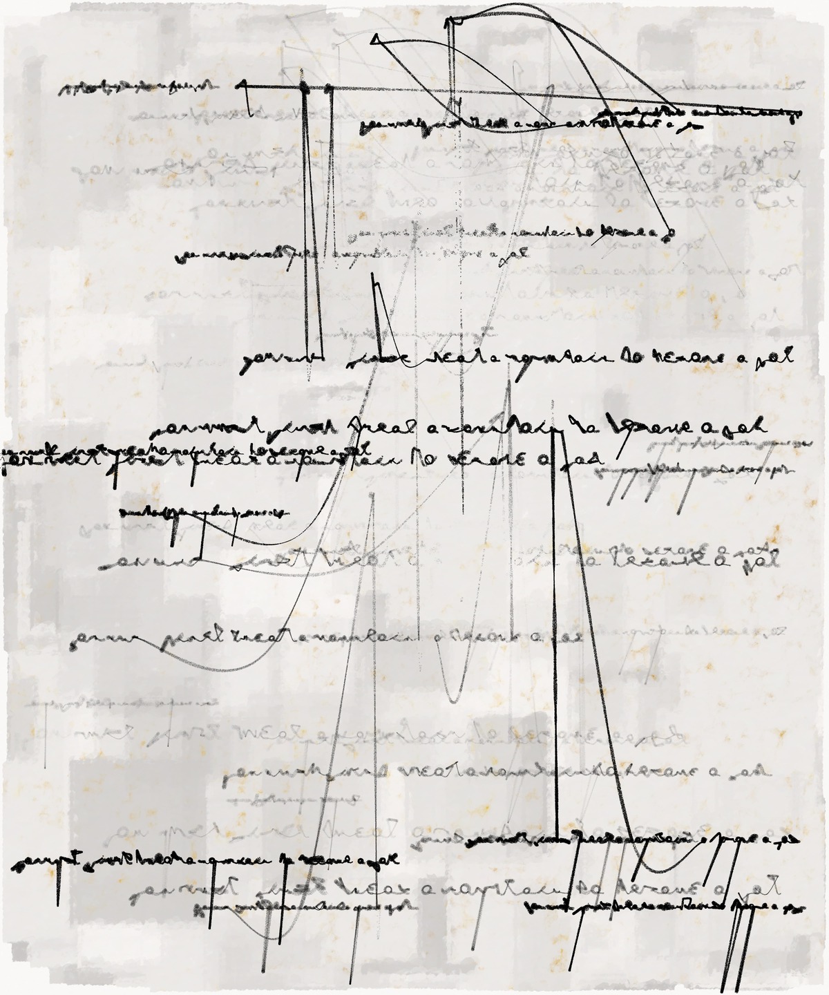 A digital image of a faded piece of paper with pale gray square patches, overlaid with lines of inky black asemic text