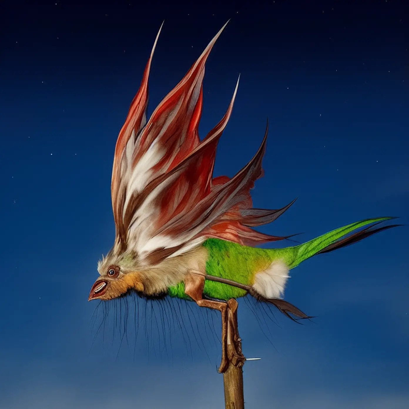 A digital image of a bird-like creature with a green fury body and strange, petal-like red wings, seen against a blue starry sky