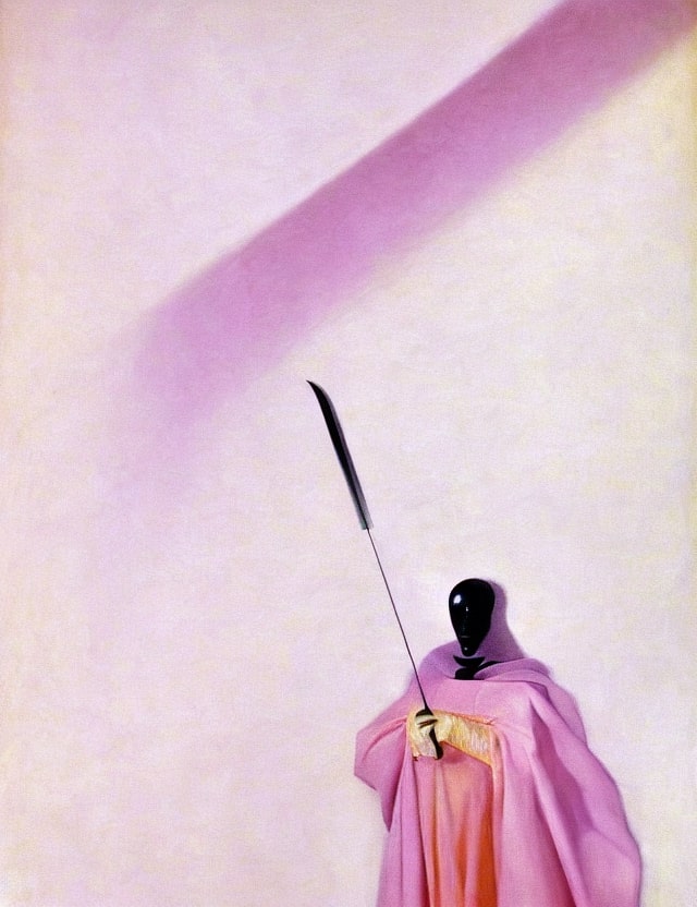 A digital image in which a masked figure in a pink cloak brandishes a black stick, set against a pinkish background