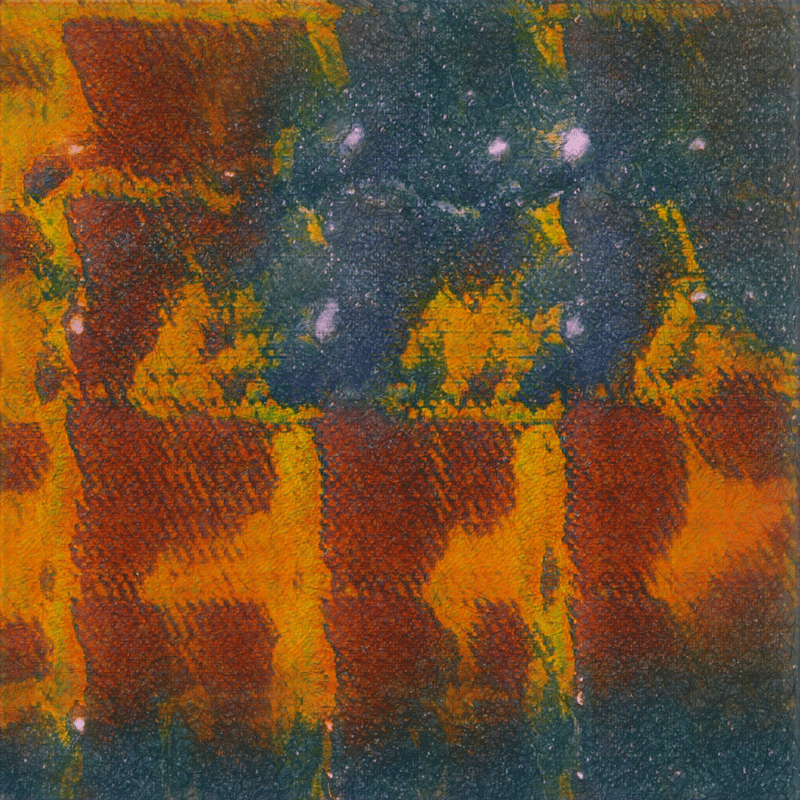 A digital image evoking nebulas in the night sky, overlaid with faded, patinated patterns in red and orange