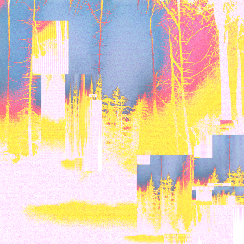 A digital image of a grove of trees, processed to look staticky and glowing yellow, with similar images repeated as smaller insets