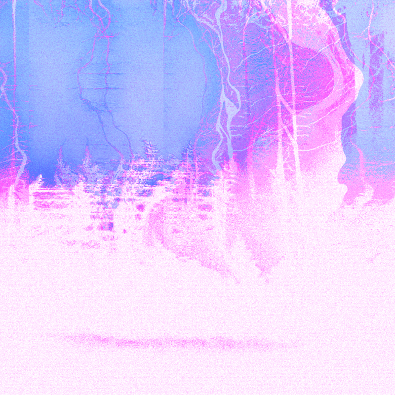 A digital image of a grove of trees, processed to look staticky and glowing pink