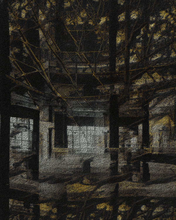 A digital image depicting a shadowy atrium, where the walls seem to merge with tree branches as they ascend