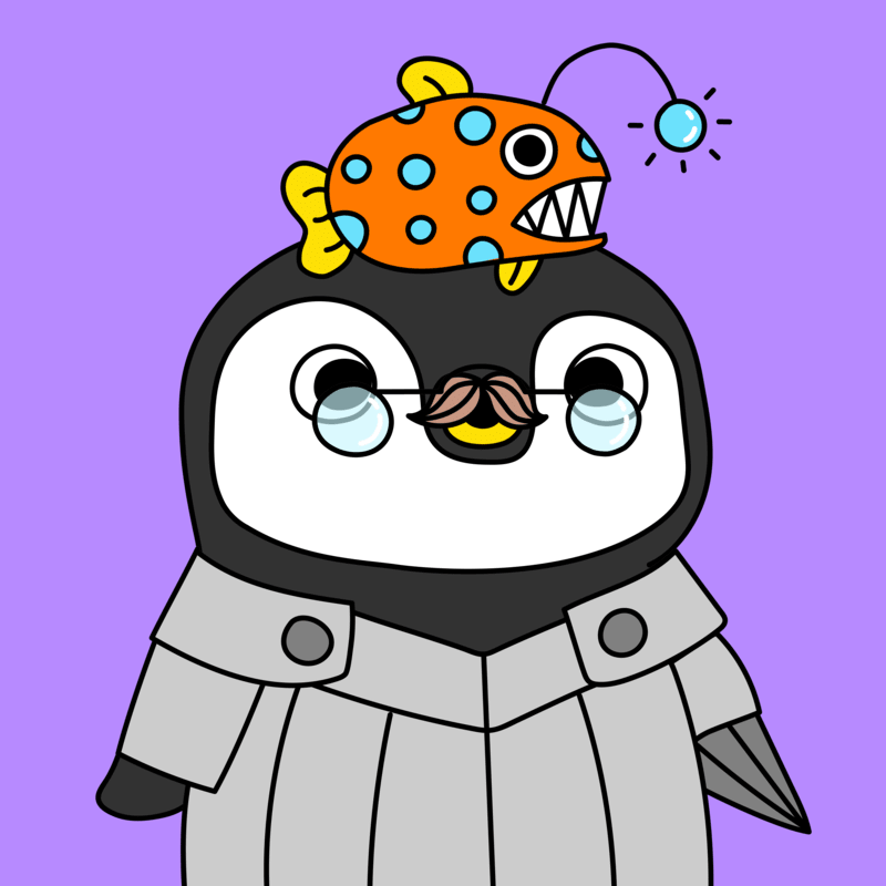 A digital cartoon portrait of a penguin wearing glasses, a fish-shaped fascinator, and a gray trenchcoat