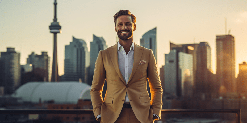 An AI-generated image of a handsome man in a camel coat standing in front of a view of the Toronto skyline at sunset