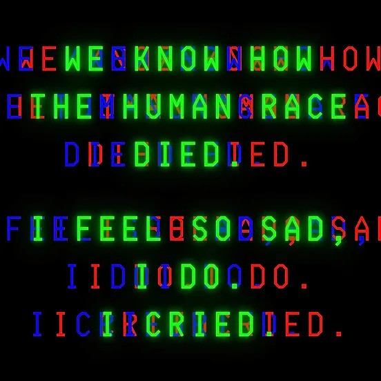 Backlit fluorescent text on a black bakground spells out a lament for humanity's extinction.