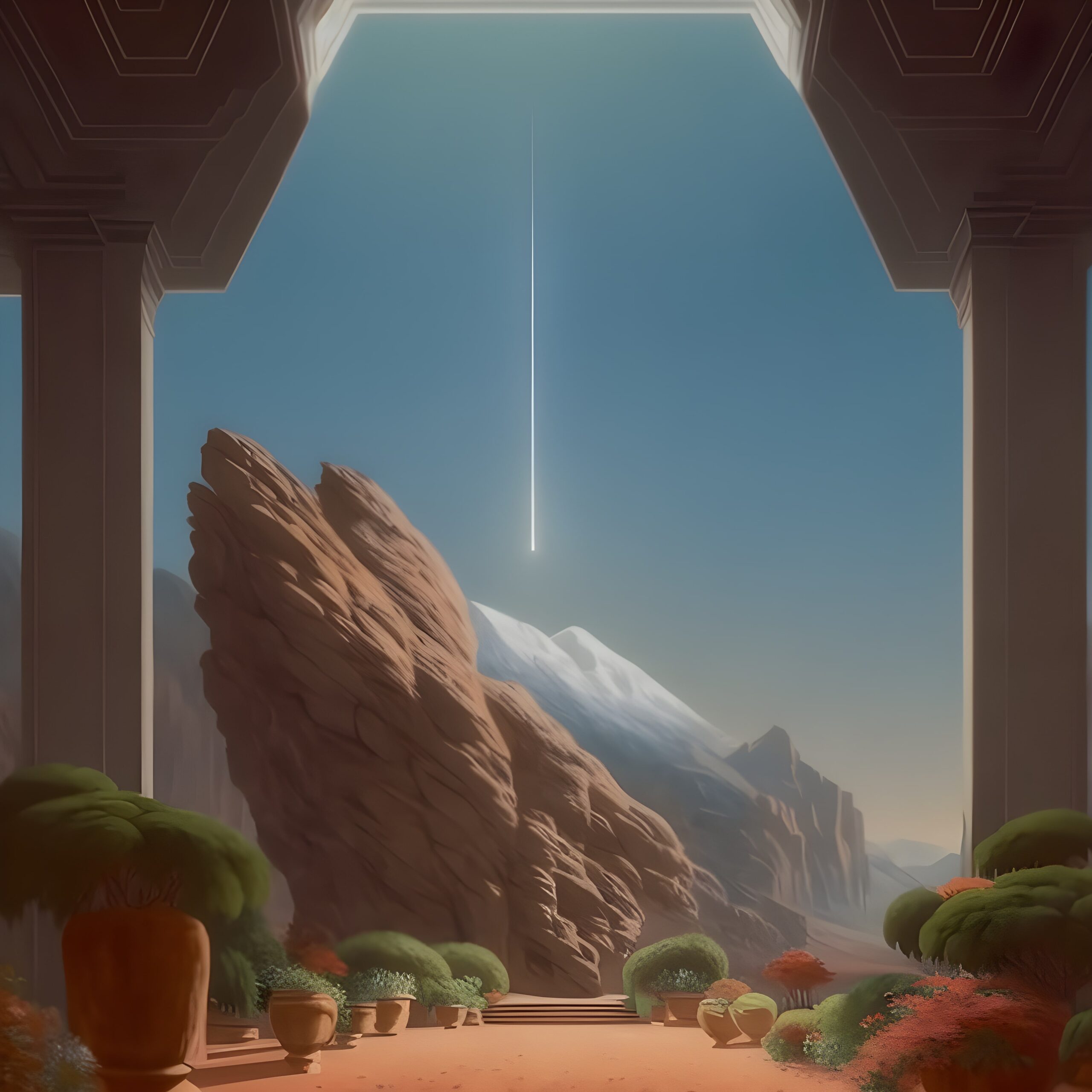 A digital image of a strange landscape, framed by an arch, with a shooting star at the center