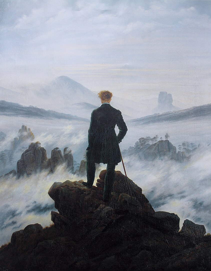 Friedrich’s iconic image of a besuited man with a cane stranding on a rocky ledge before a foggy mountainous landscape