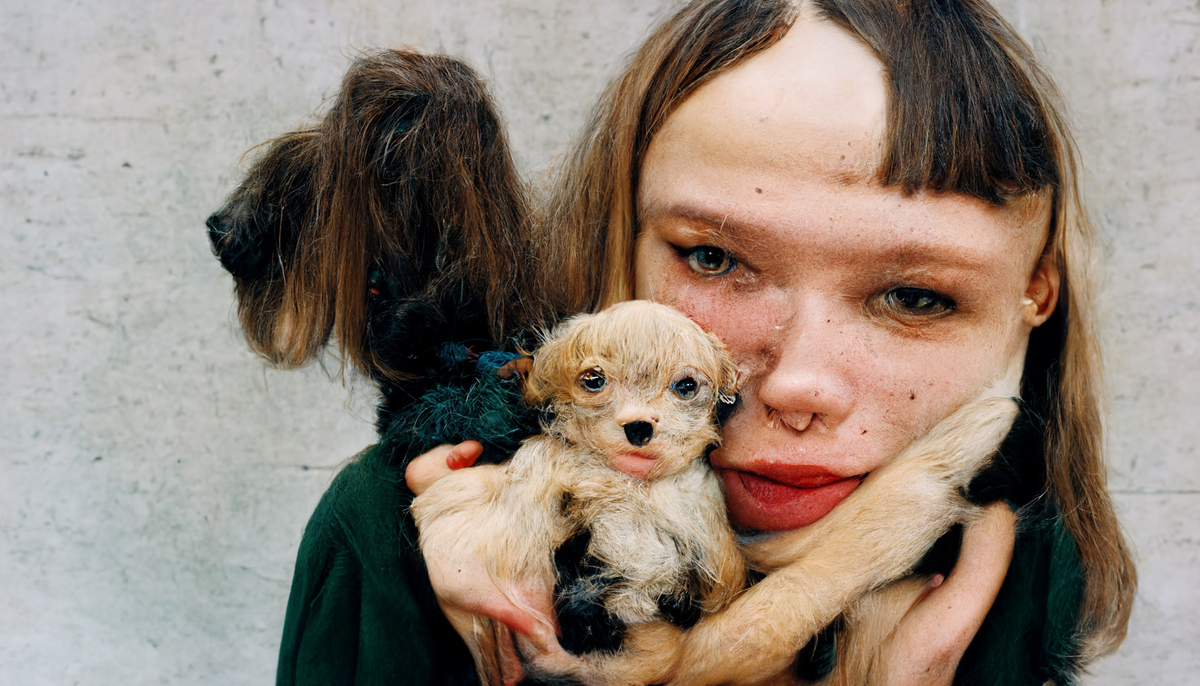 An eerie, distorted image of a girl's head with a puppy sprouting near her chin