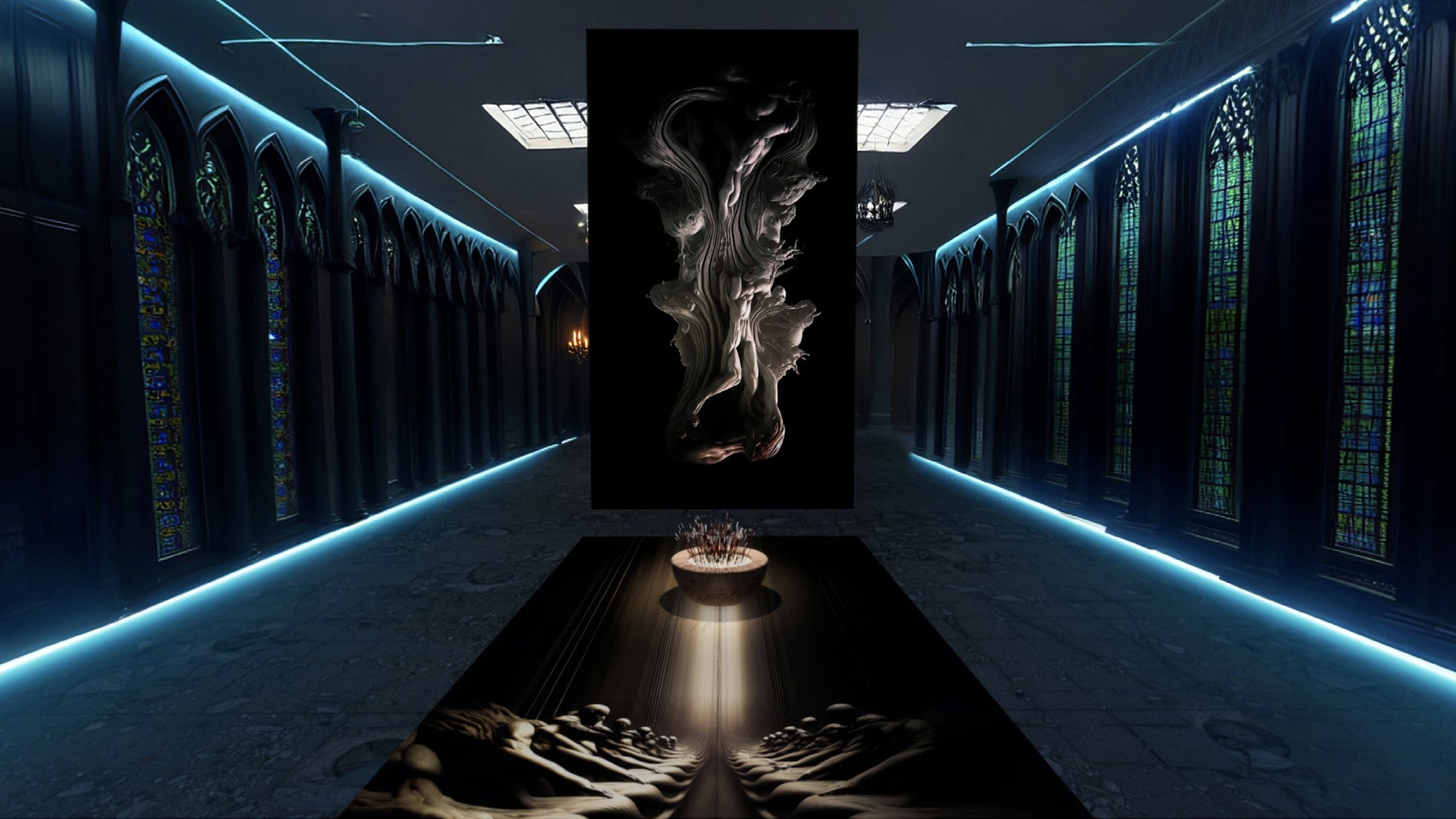 A digital rendering of a dark space lined with arched windows and a mysterious white sculpture at the center