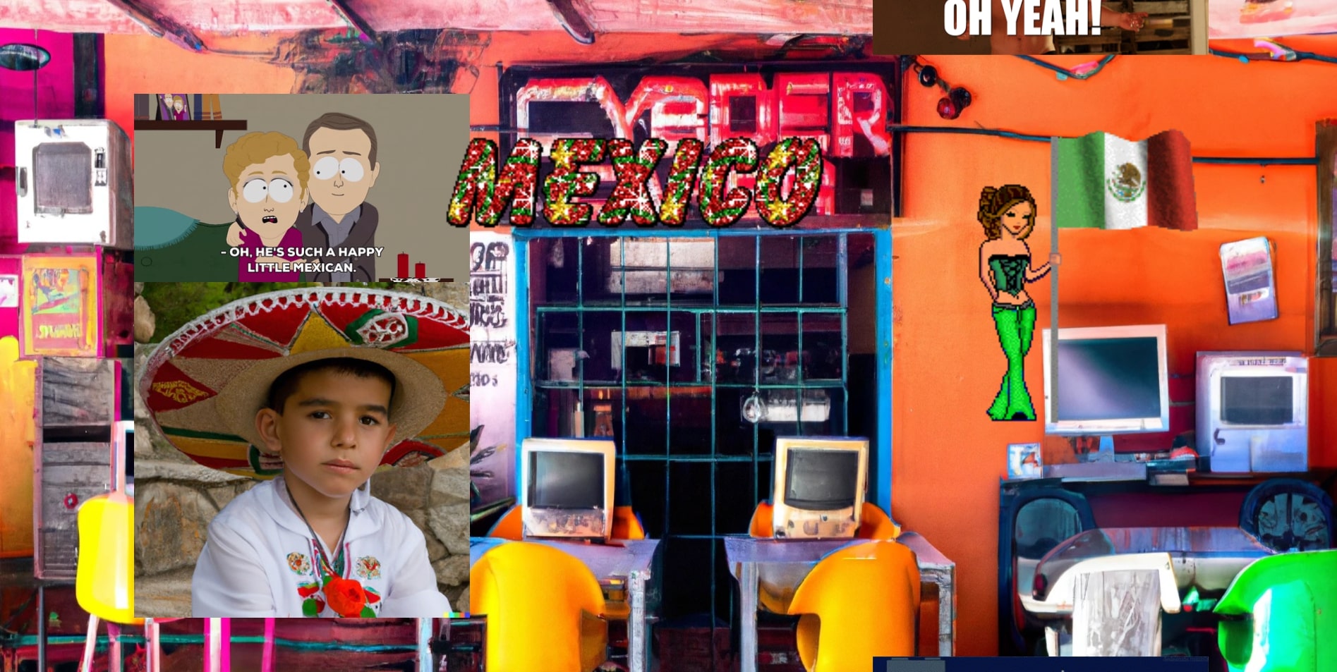 A screenshot of a brightly colored webpage with a collage of images showing stereotypical representations of Mexican people