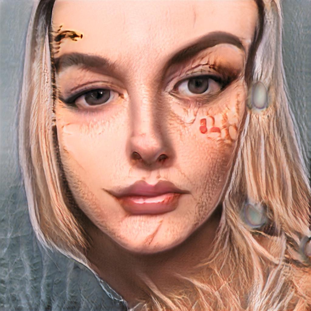 An AI generated glitchy image of a young white woman with blonde hair, heavily made-up with super-smooth skin