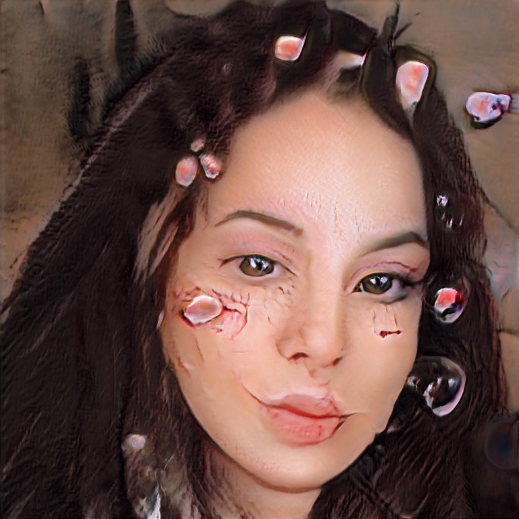 An AI generated glitchy image of a young white woman with dark hair, heavily made-up with super-smooth skin and what look like petals or maybe bubbles dotting the image